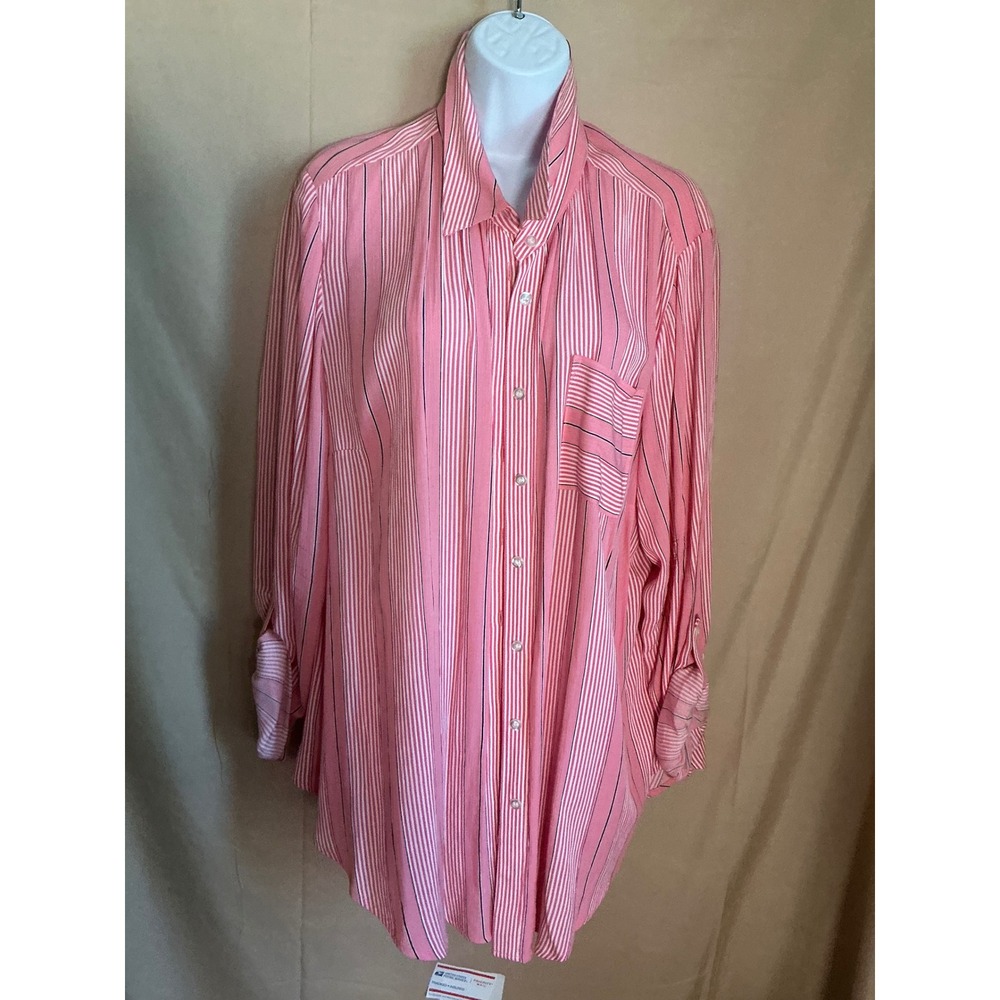 Westport Button Down Shirt Women 1X Pink Excellent Striped Rayon Roll Tab Sleeve